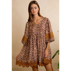 Leopard V Neck Dress with Voluminous Sleeves and Lace Hem