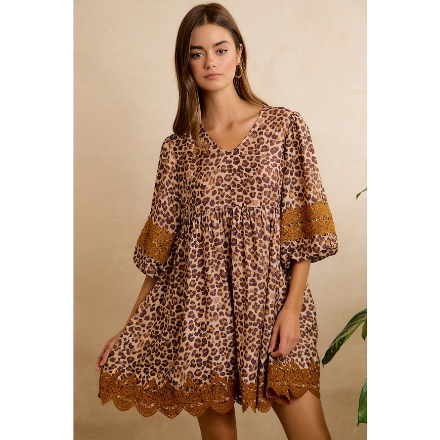 Leopard V Neck Dress with Voluminous Sleeves and Lace Hem
