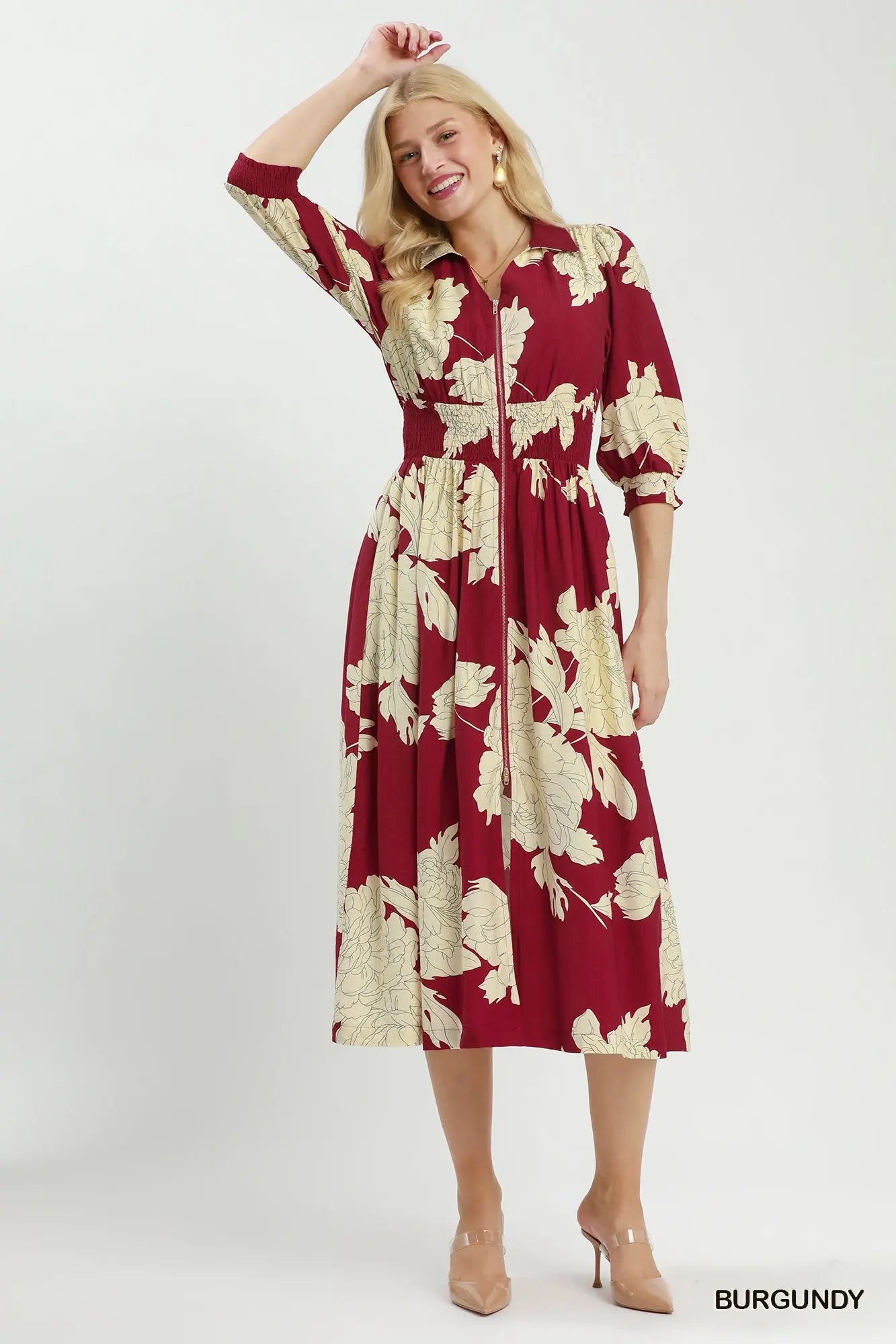 Floral Print Smocked Waist Zip Front Midi Dress