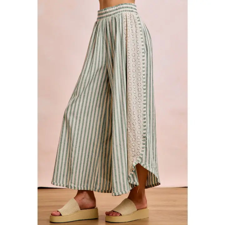 Floral Eyelet Side Elastic Stripes Wide Leg Pants