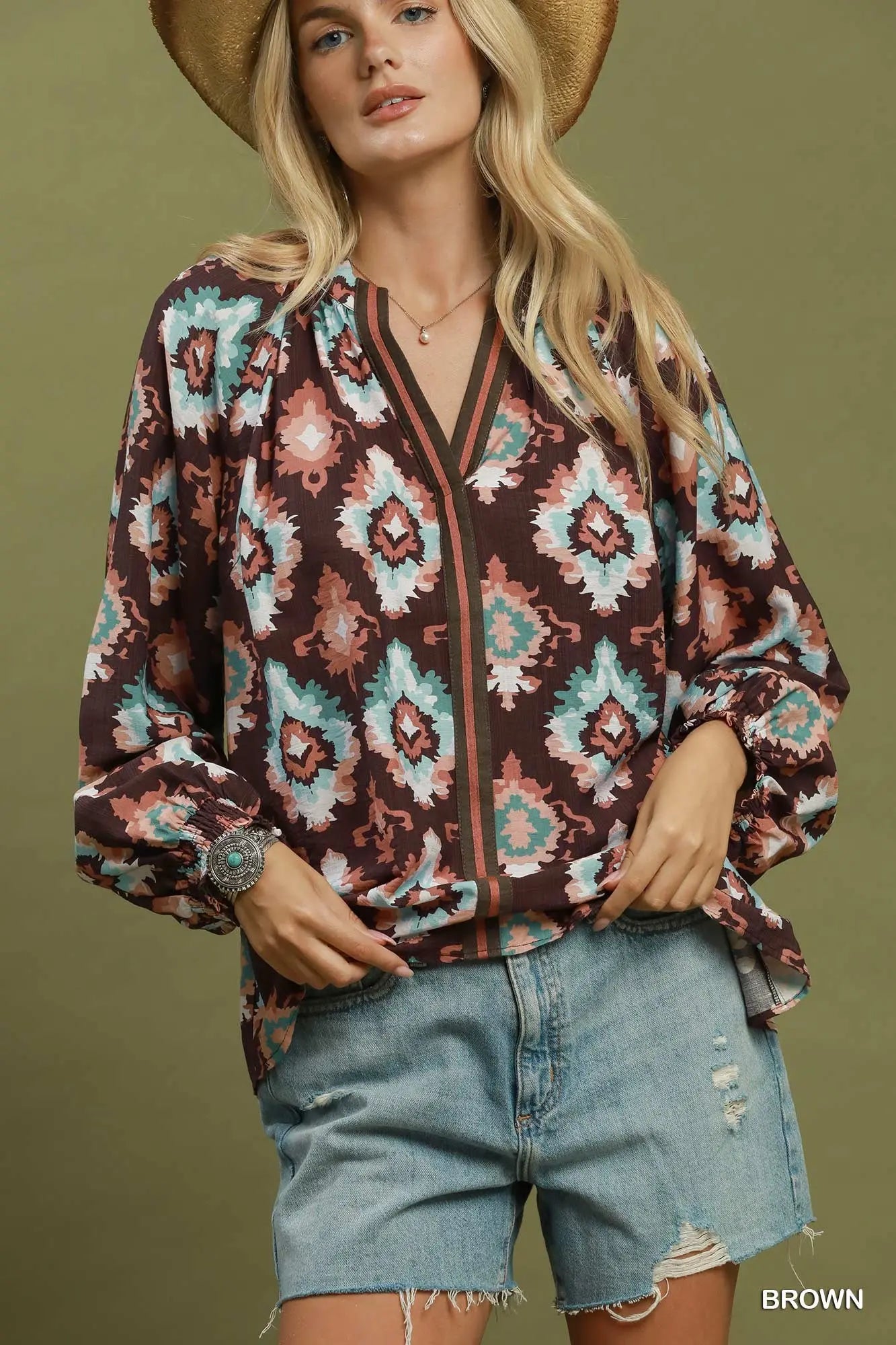 Abstract Medallion Print V-Neck Long Sleeve Blouse