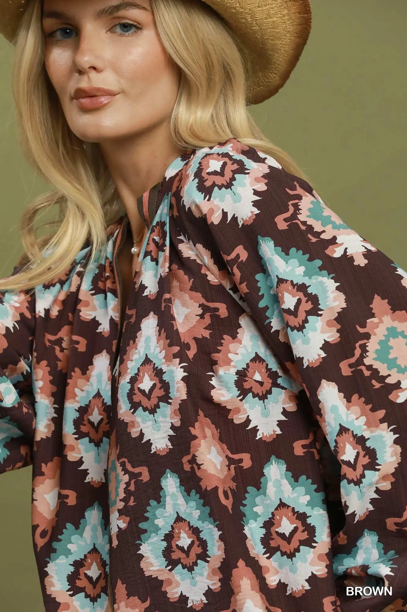 Abstract Medallion Print V-Neck Long Sleeve Blouse