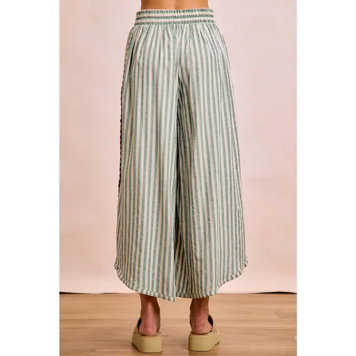 Floral Eyelet Side Elastic Stripes Wide Leg Pants