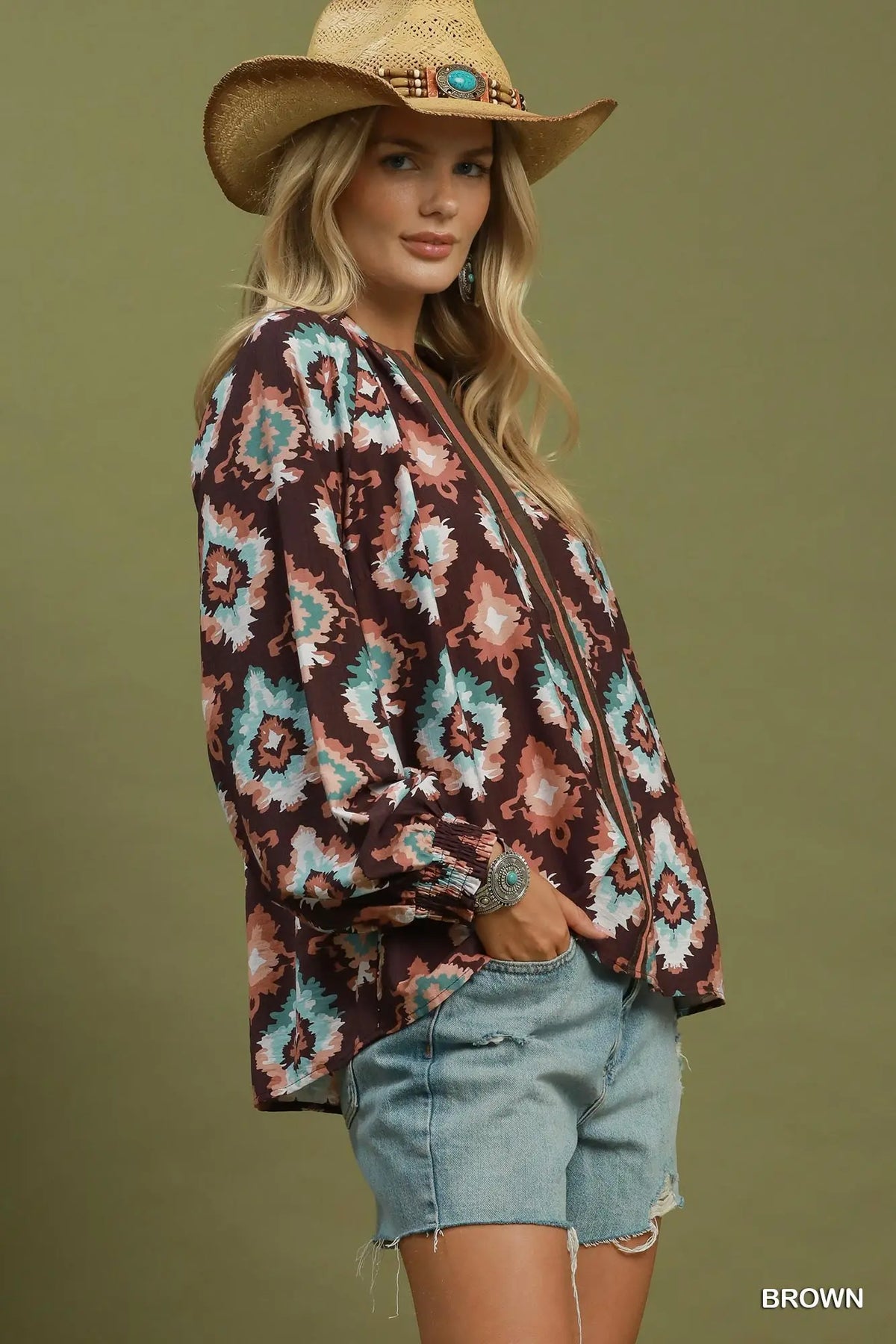 Abstract Medallion Print V-Neck Long Sleeve Blouse