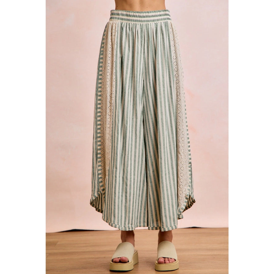 Floral Eyelet Side Elastic Stripes Wide Leg Pants