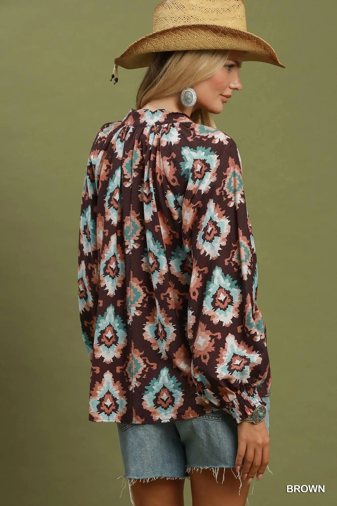 Abstract Medallion Print V-Neck Long Sleeve Blouse