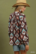 Abstract Medallion Print V-Neck Long Sleeve Blouse