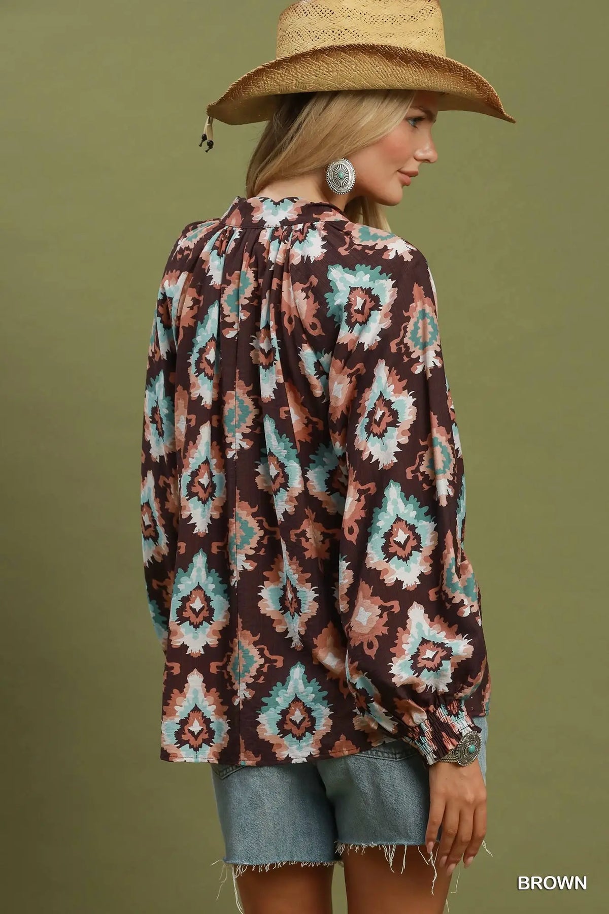 Abstract Medallion Print V-Neck Long Sleeve Blouse
