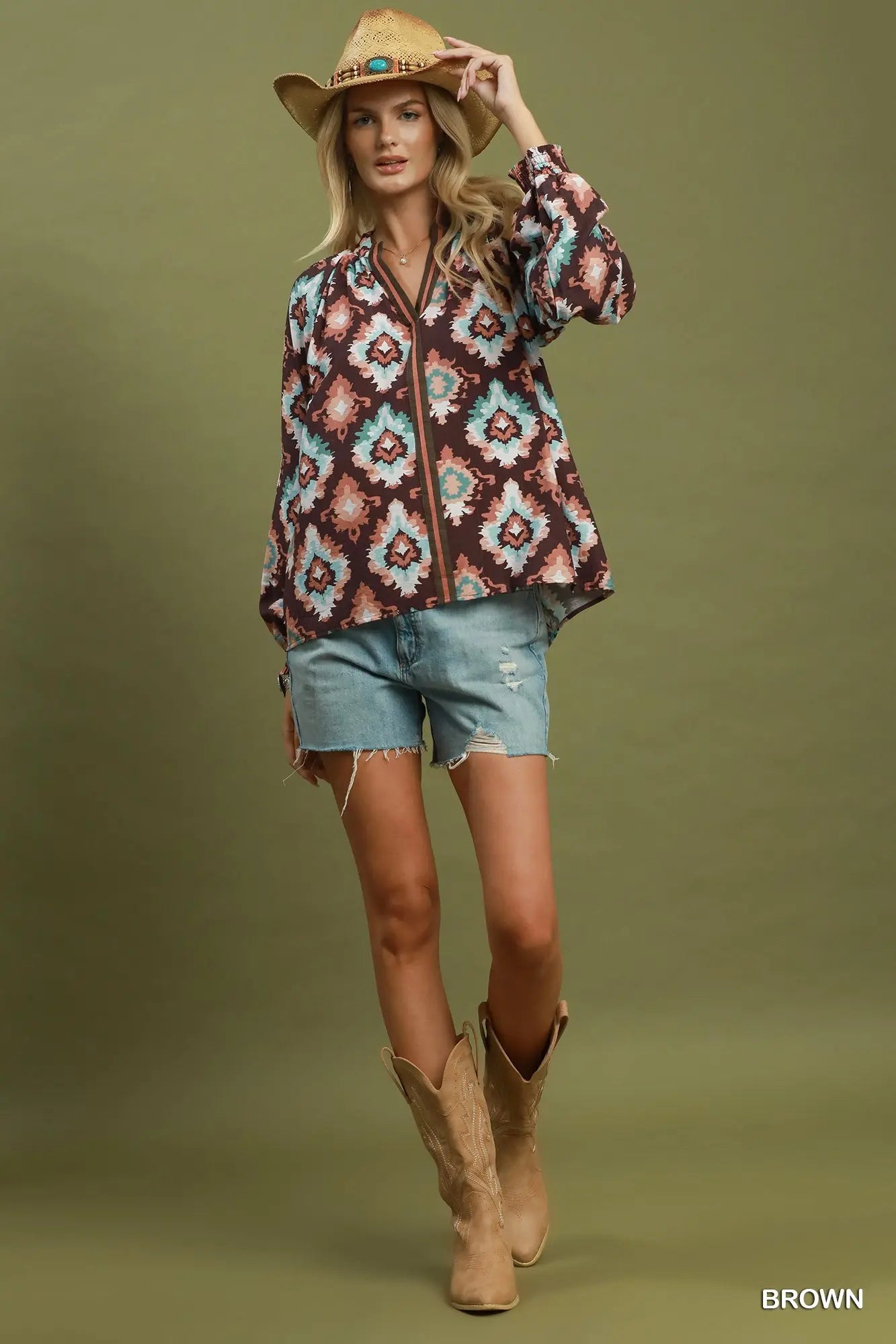 Abstract Medallion Print V-Neck Long Sleeve Blouse