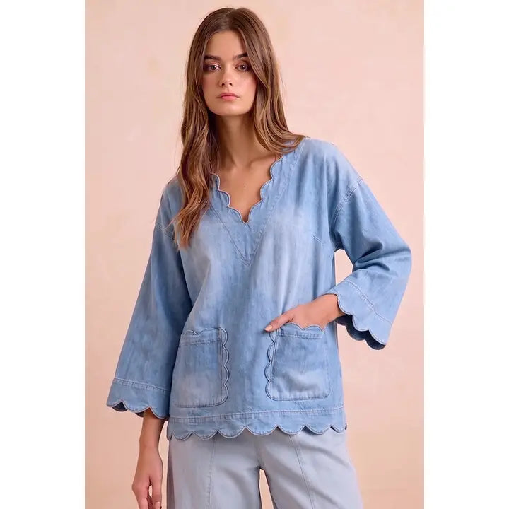 Washed Denim Scallop Pocket Three Quarter Sleeves Blouse