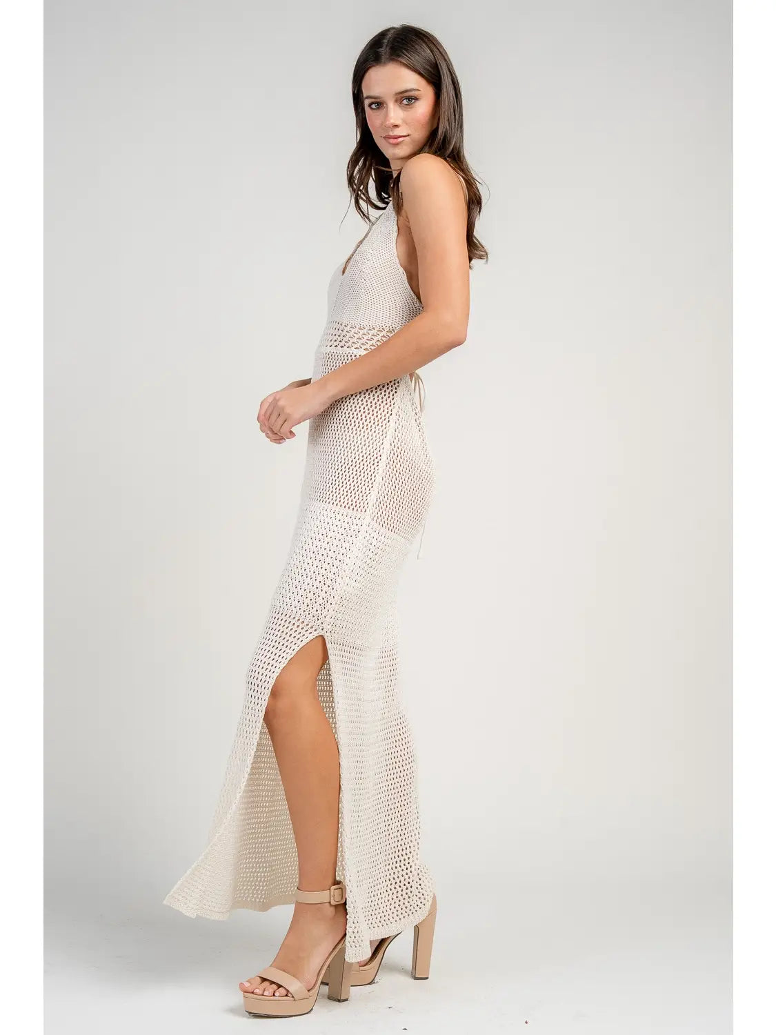 Deep V-Neck Knit Crochet Dress