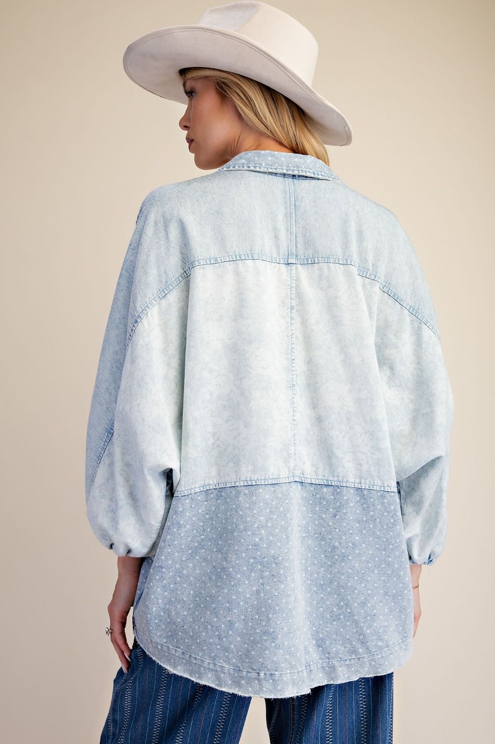 Mixed Print Washed Chambray Woven Shirt