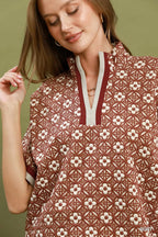 Jacquard Floral Textured Contrast Trim Pullover Top