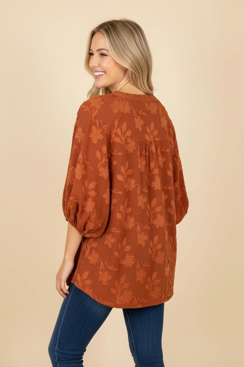 Textured Floral Puff Sleeve Split Neck Blouse