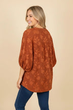 Textured Floral Puff Sleeve Split Neck Blouse