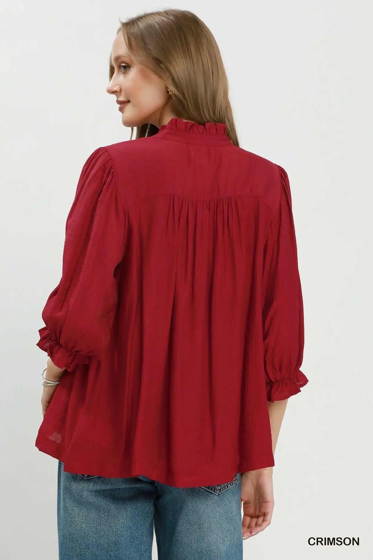Smocked Yoke Button Front Blouse