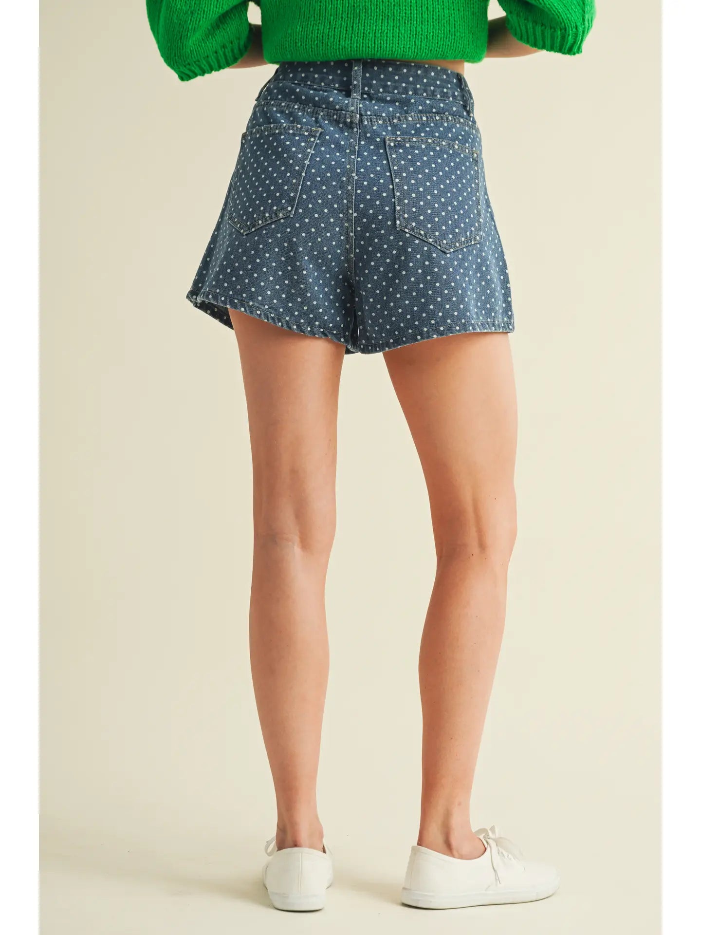 Polka Dot Pleated Denim Shorts