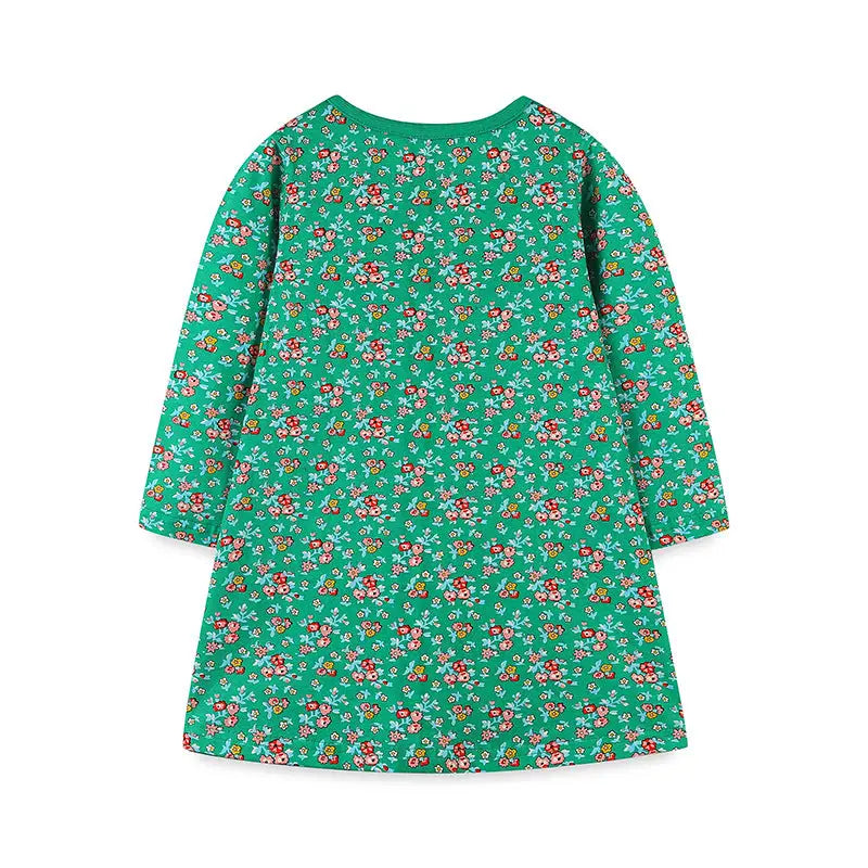 Kids Floral Print Long Sleeve Dress with Cartoon Embroidery
