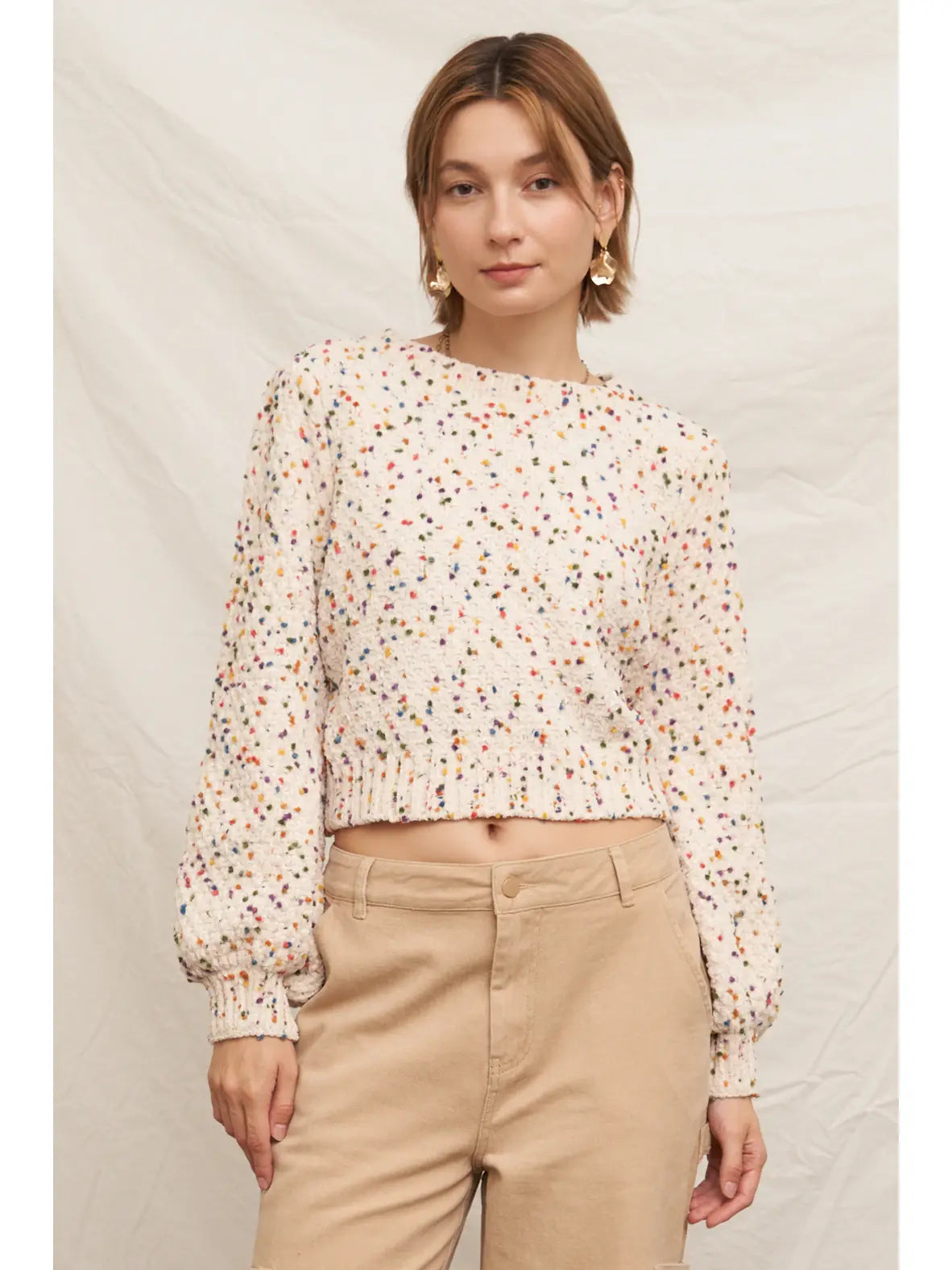 Puffed Sleeve Cropped Confetti Sweater