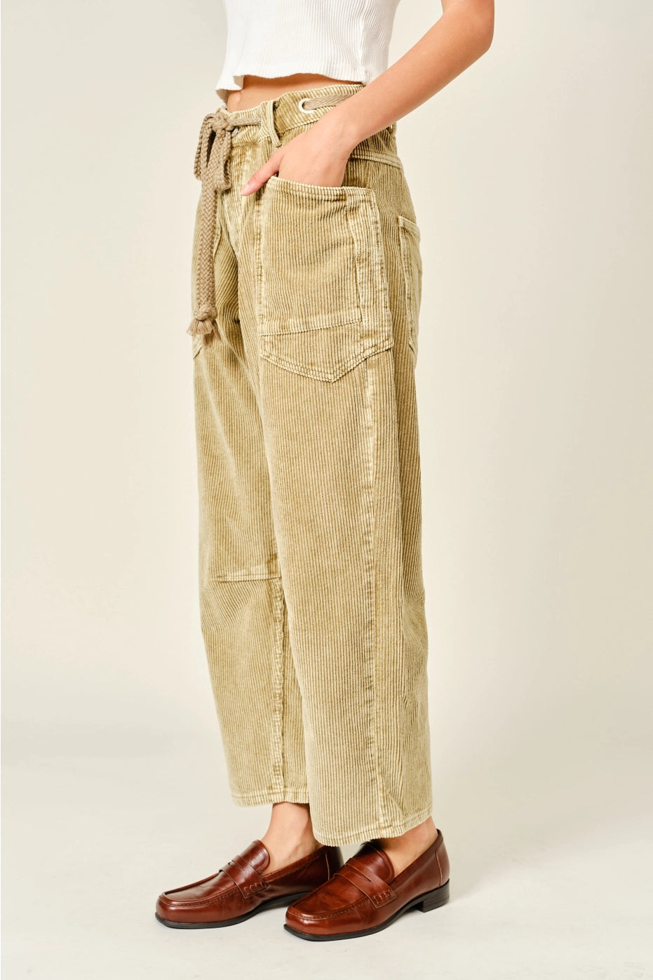 Barrel Corduroy Pants with Eyelet Waist