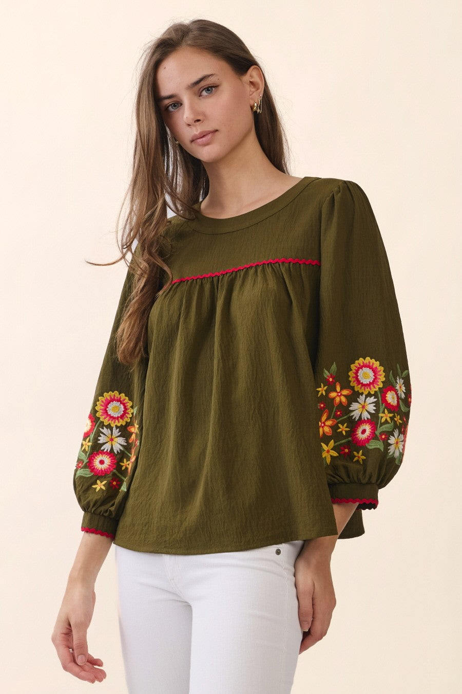 Embroidered Sleeve Peasant Blouse