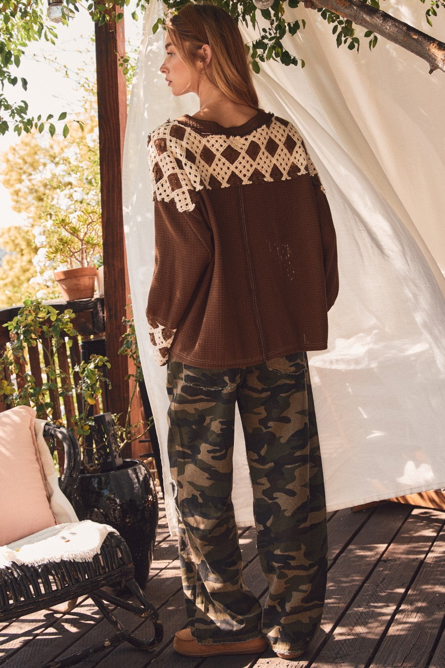 Patchwork Crochet Sleeve Waffle Knit Top