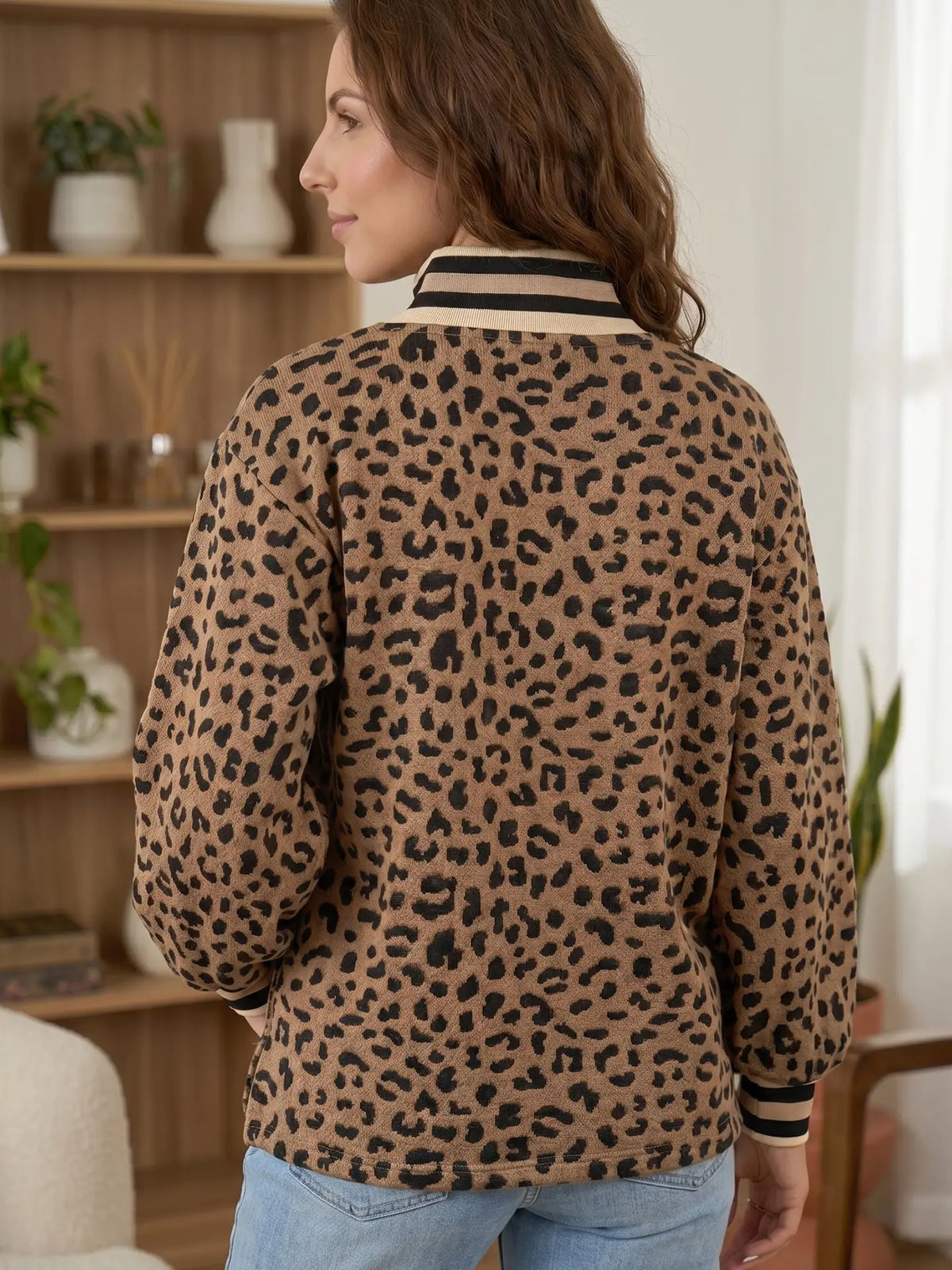 Brown Leopard Print Striped Trim Collar Pullover
