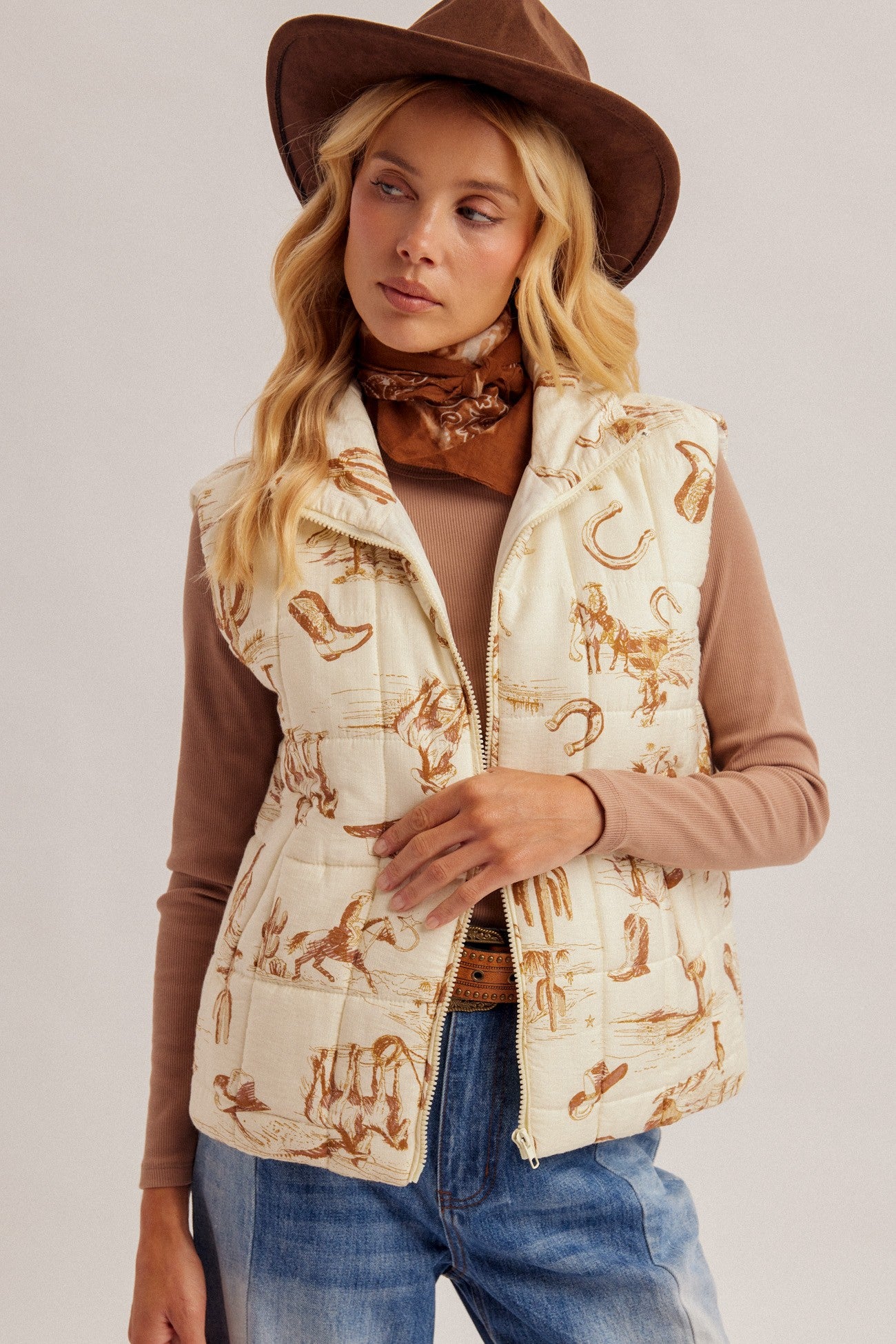 Zip Up Cowboy Print Puffer Vest