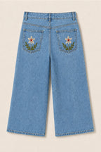 Wide Leg Embroidered Denim Pants