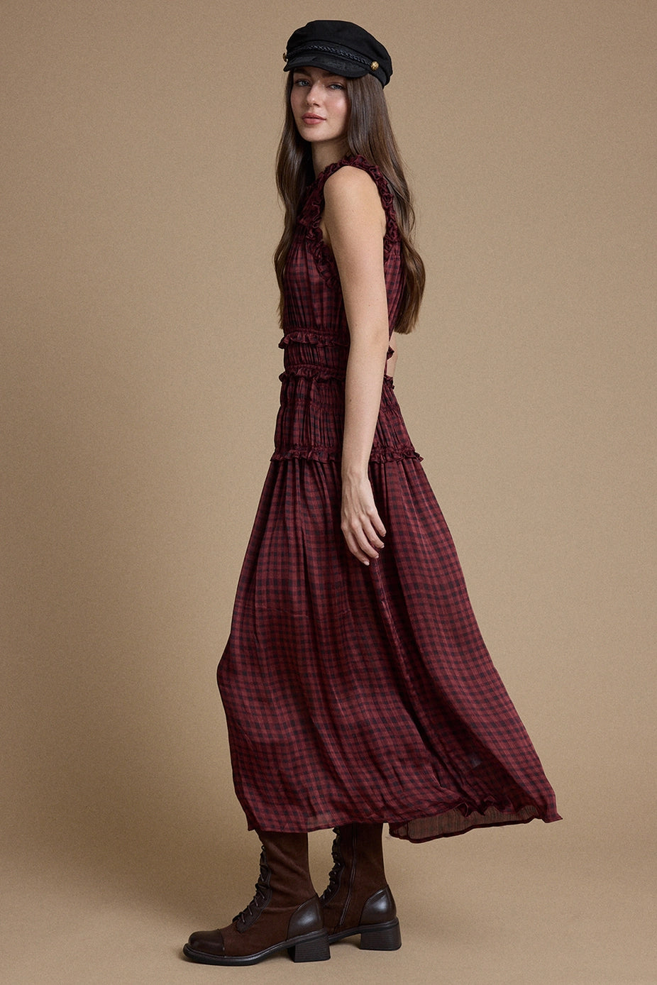 Plaid Ruffle Trim Smocked Maxi Dress