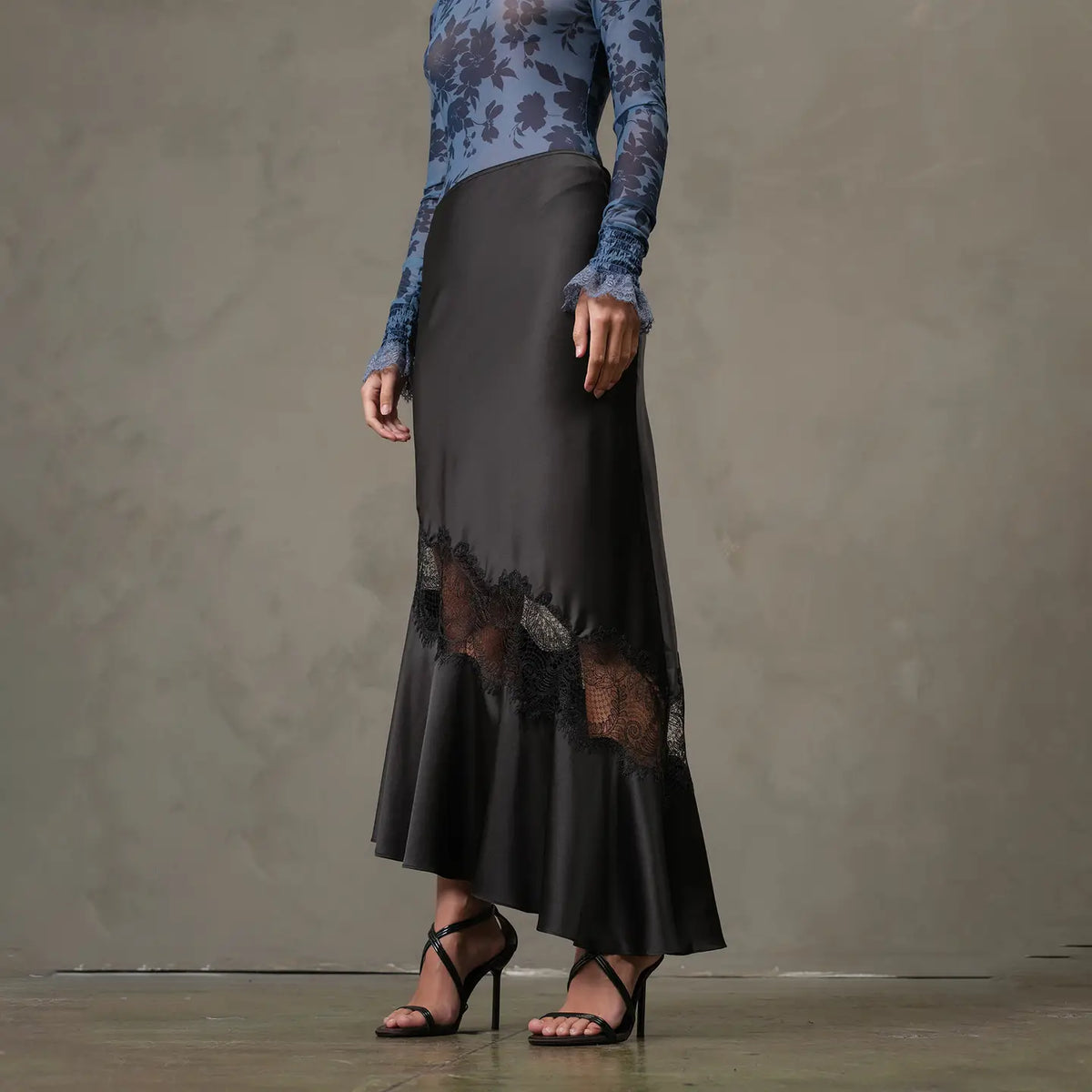Satin Bias Lace Panel Skirt