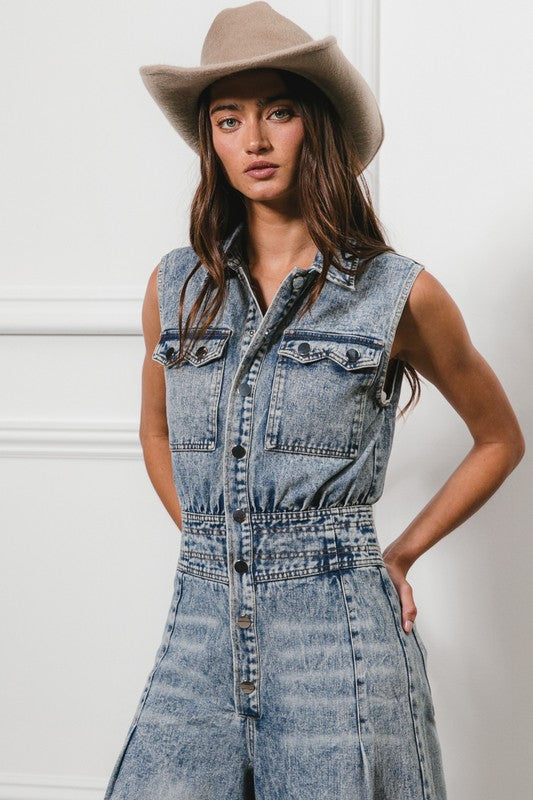 Button Down Denim Jumpsuit