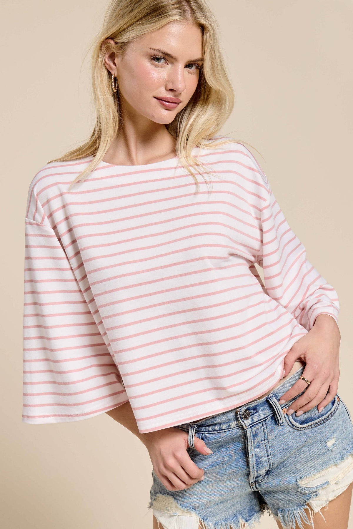 Striped Semi Crop Top with 3/4 Bell Sleeves