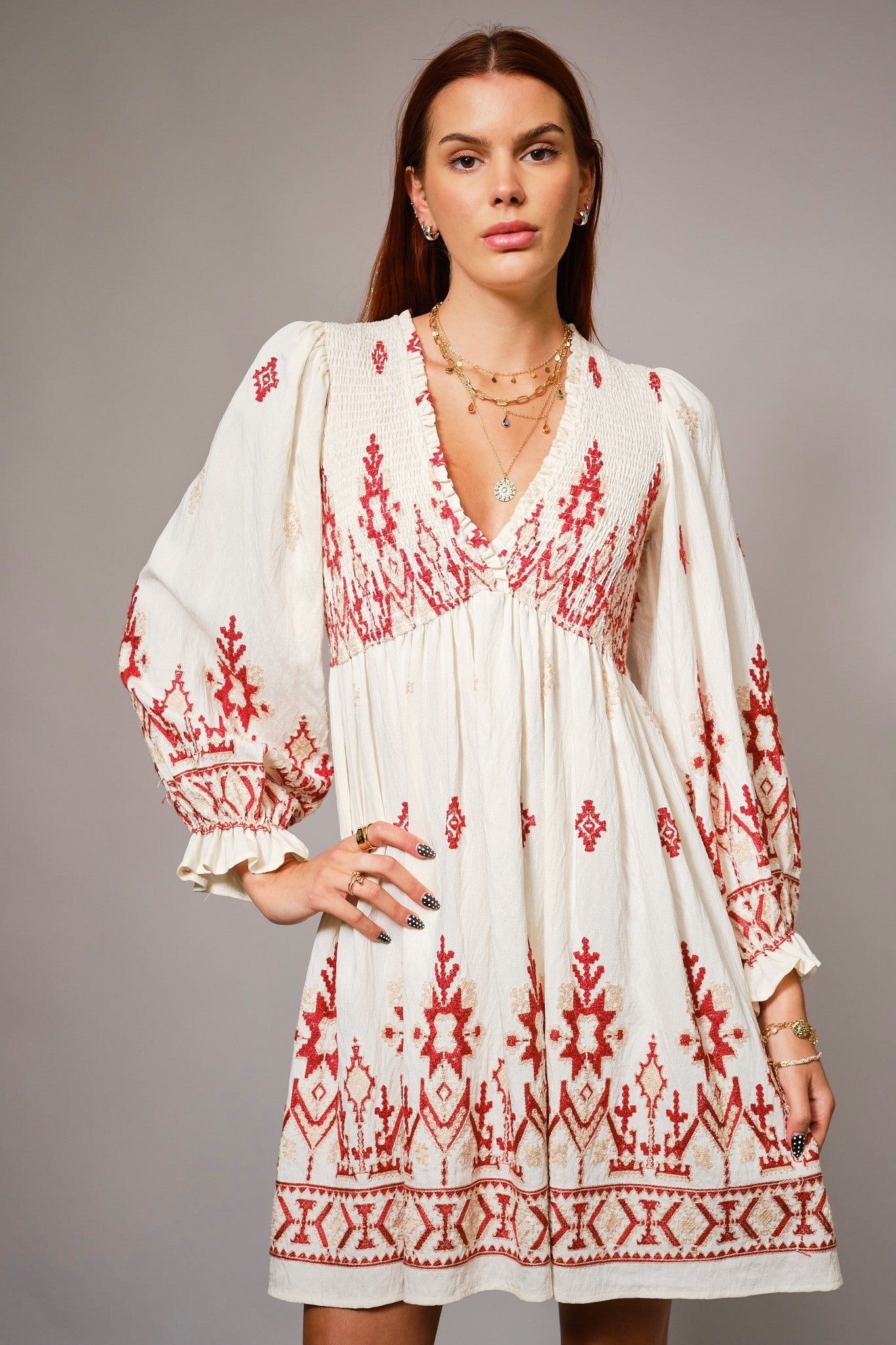 Smocked Boho Embroidered Dress
