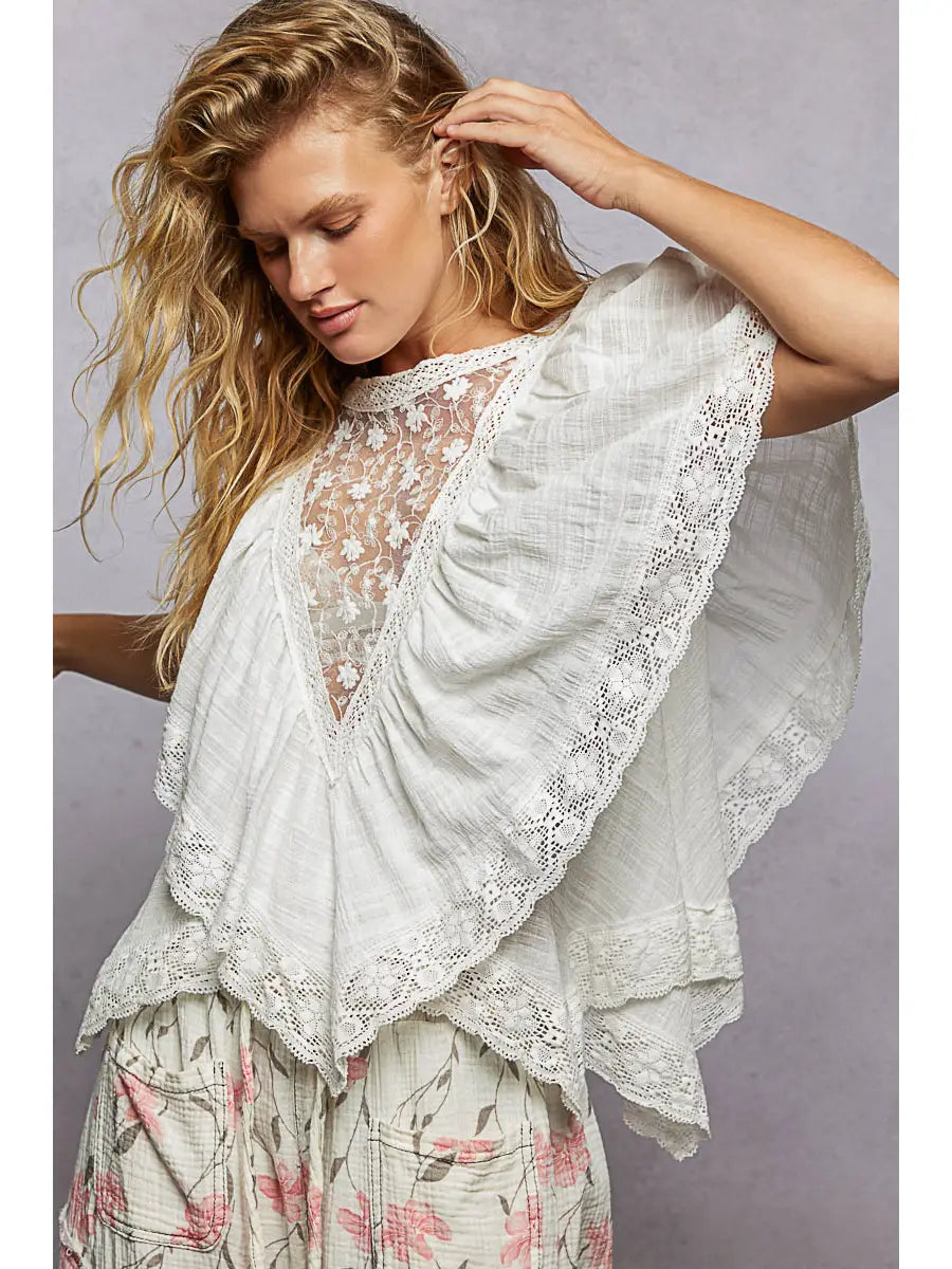 Lace Trim V Ruffle Detail Textured Woven Short Sleeve Top