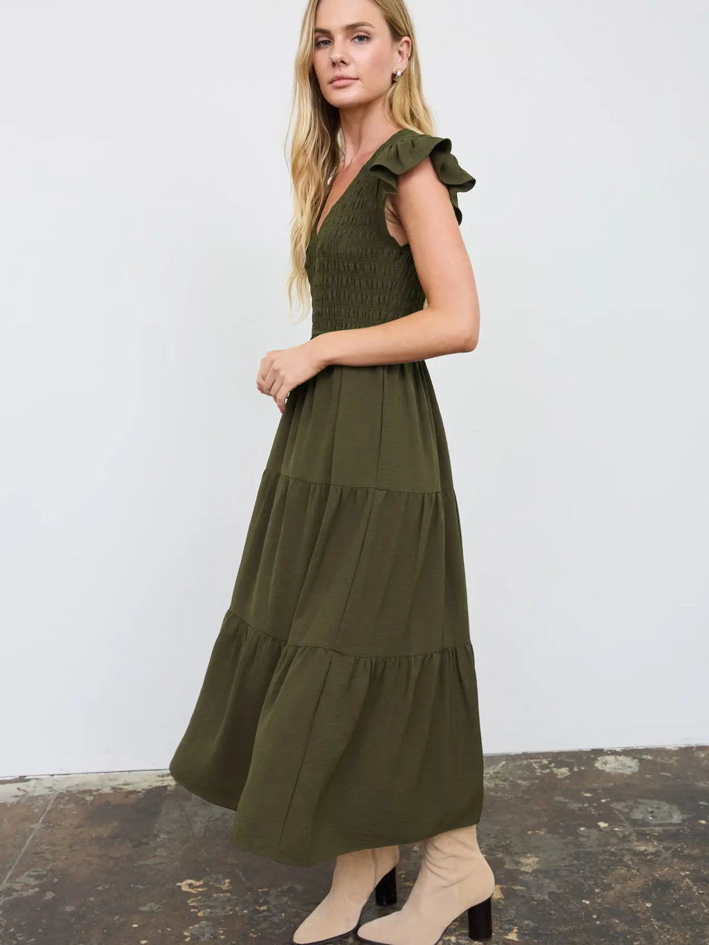 Flutter Sleeve V Neck Smocked Midi Dress