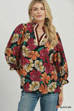 Floral Print Contrast Trim Ruffle Sleeve Blouse
