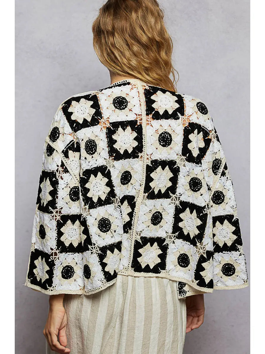 3/4 Sleeve Border Accents Crochet Open Cardigan Top