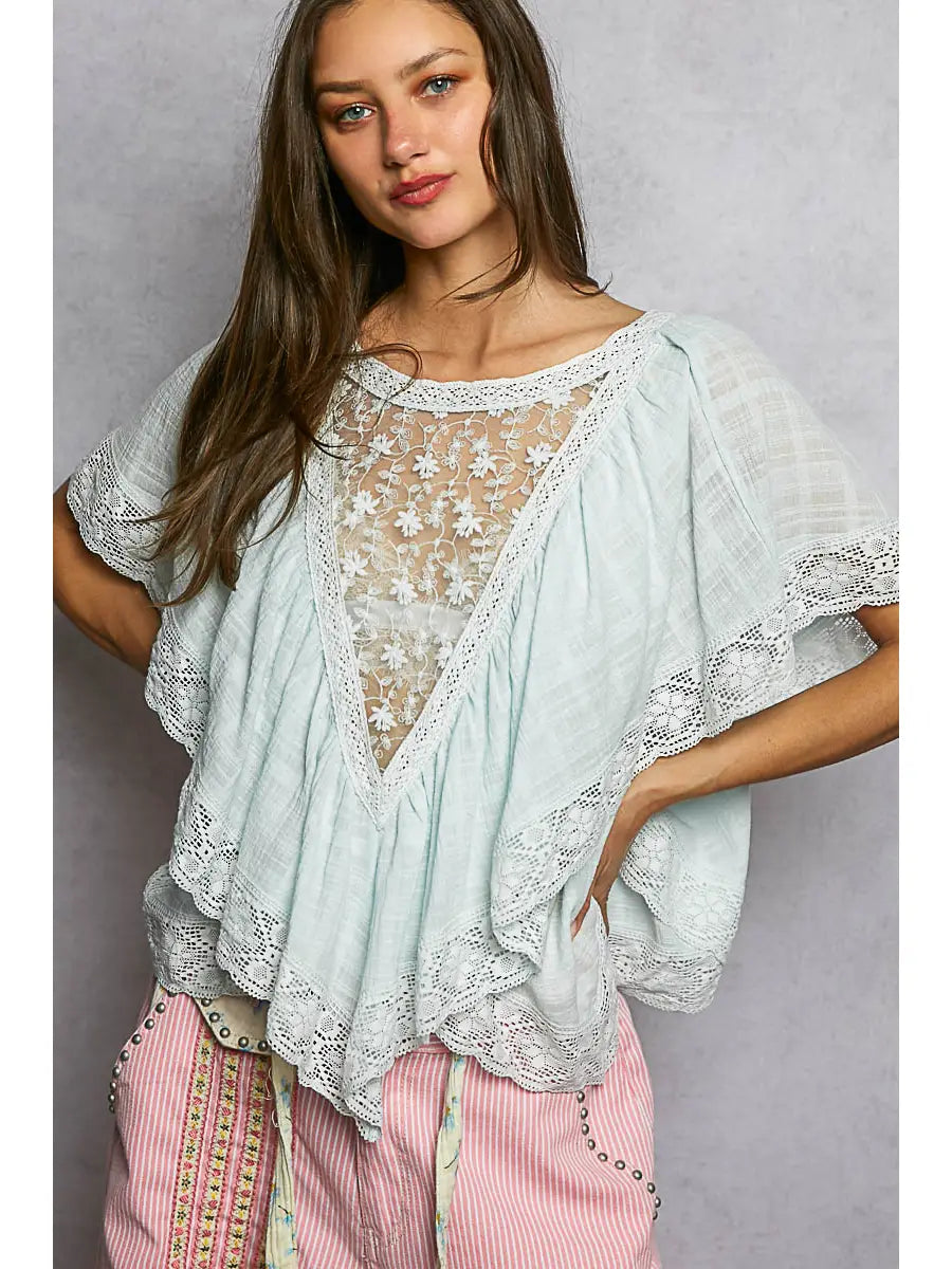 Lace Trim V Ruffle Detail Textured Woven Short Sleeve Top