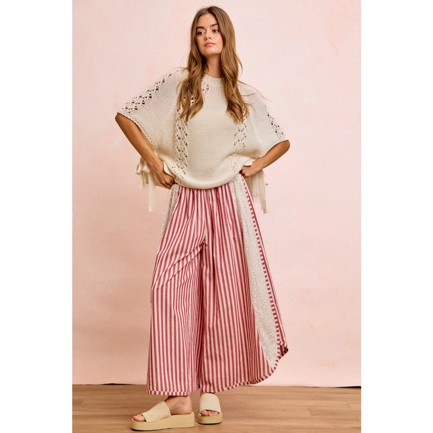 Floral Eyelet Side Elastic Stripes Wide Leg Pants