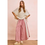 Floral Eyelet Side Elastic Stripes Wide Leg Pants