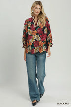 Floral Print Contrast Trim Ruffle Sleeve Blouse