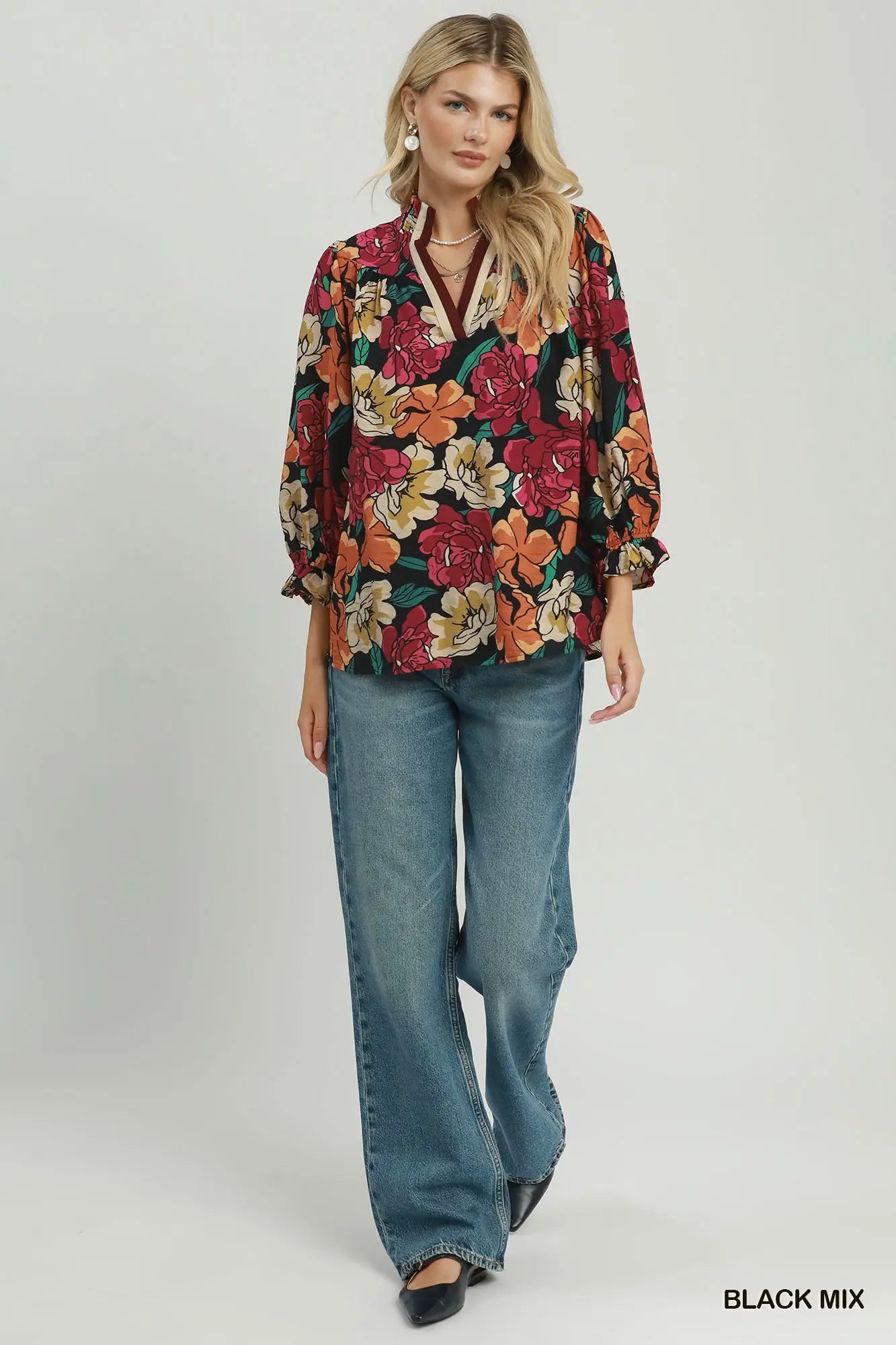 Floral Print Contrast Trim Ruffle Sleeve Blouse