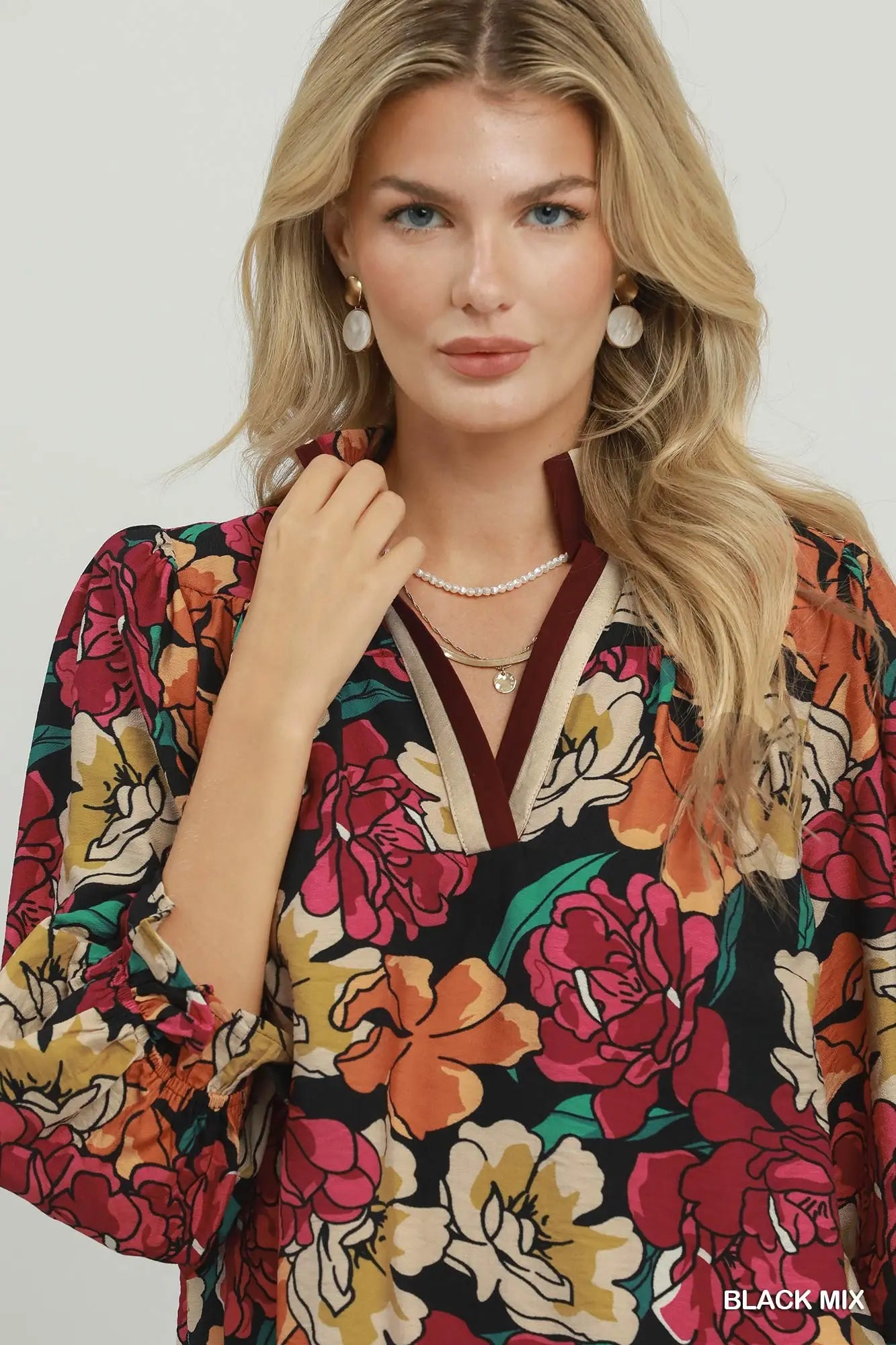 Floral Print Contrast Trim Ruffle Sleeve Blouse