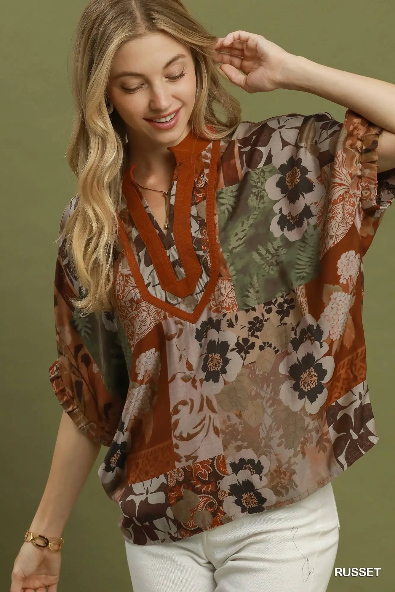 Mixed Floral Patchwork Print Contrast V-Neck Top