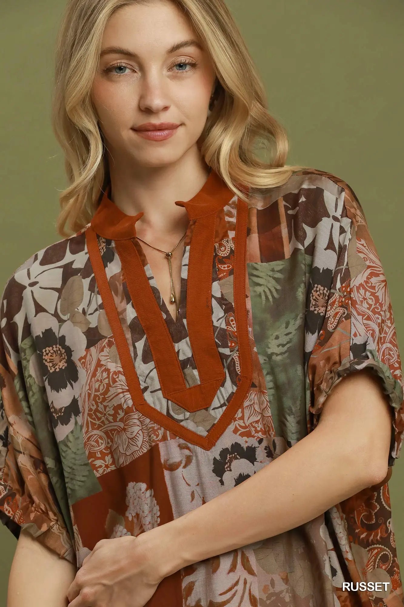 Mixed Floral Patchwork Print Contrast V-Neck Top