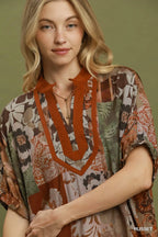 Mixed Floral Patchwork Print Contrast V-Neck Top