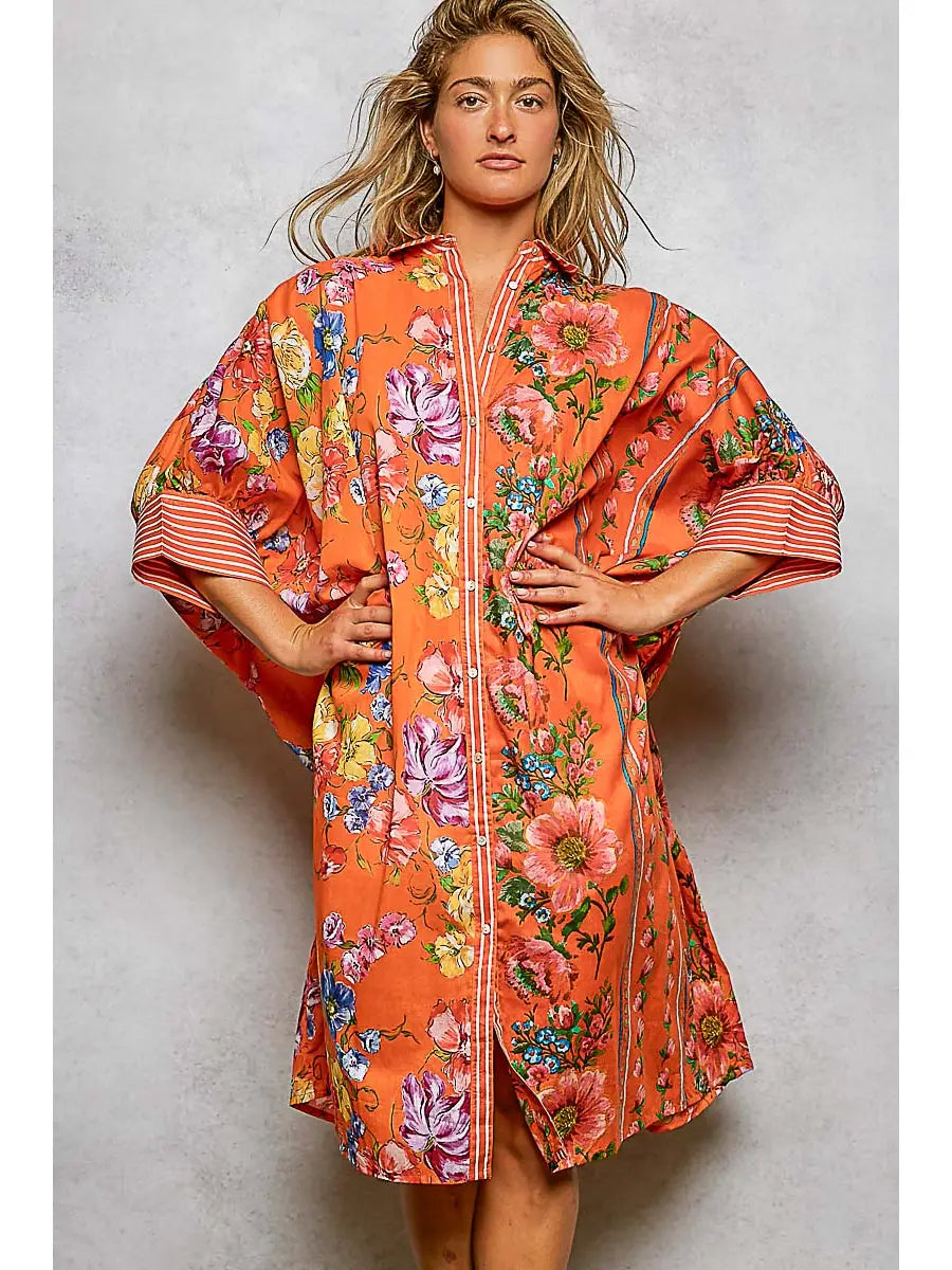 Short Sleeve Floral Printed Maxi Length Button Down Dress