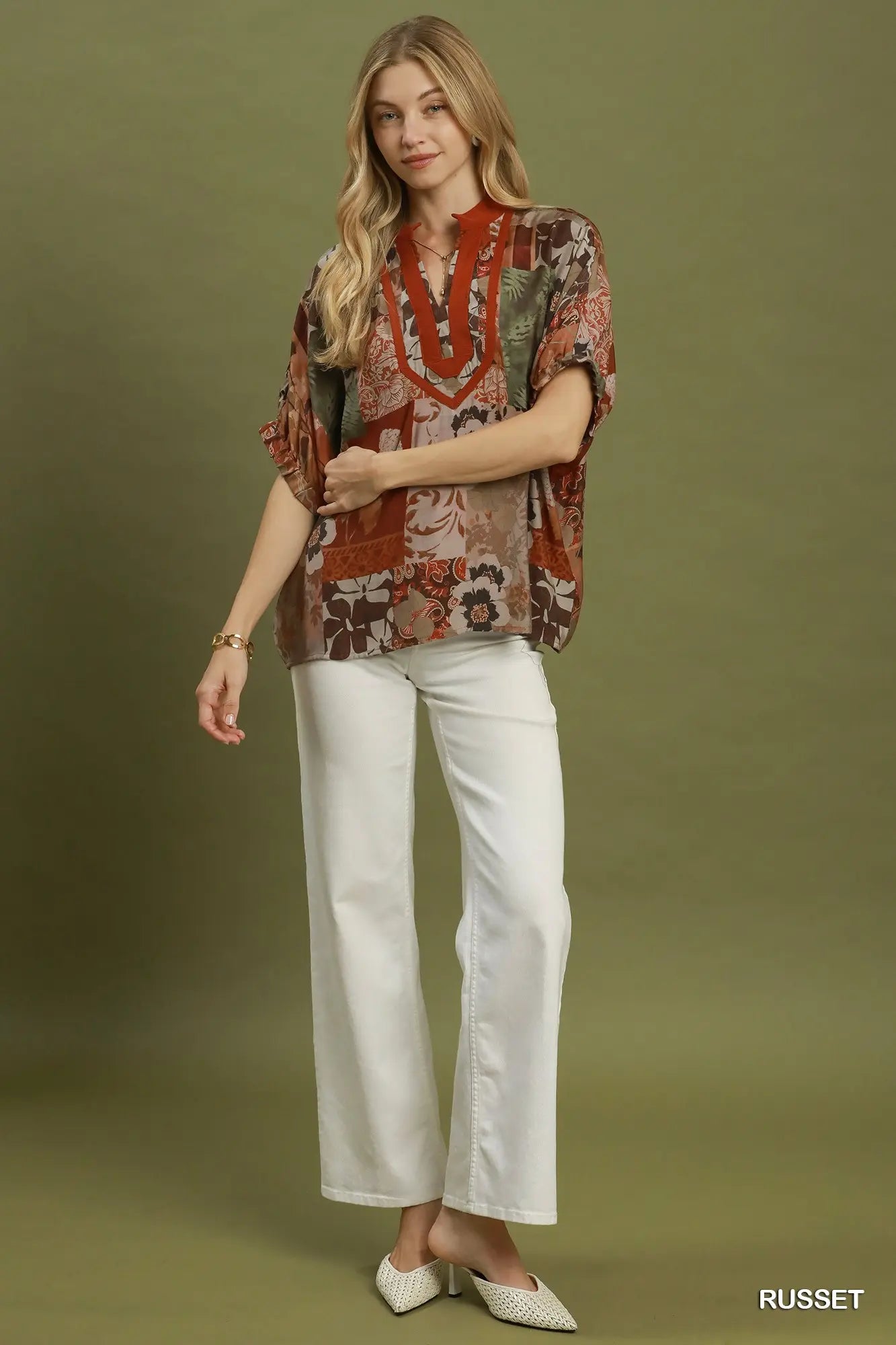 Mixed Floral Patchwork Print Contrast V-Neck Top