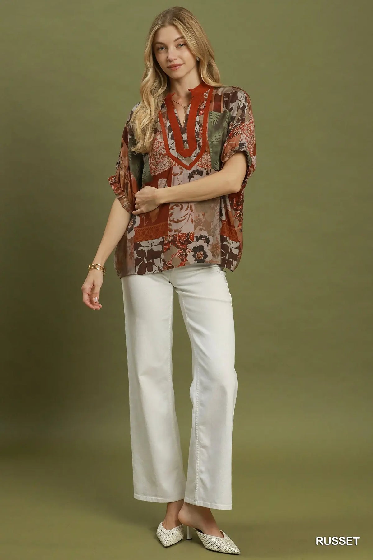Mixed Floral Patchwork Print Contrast V-Neck Top